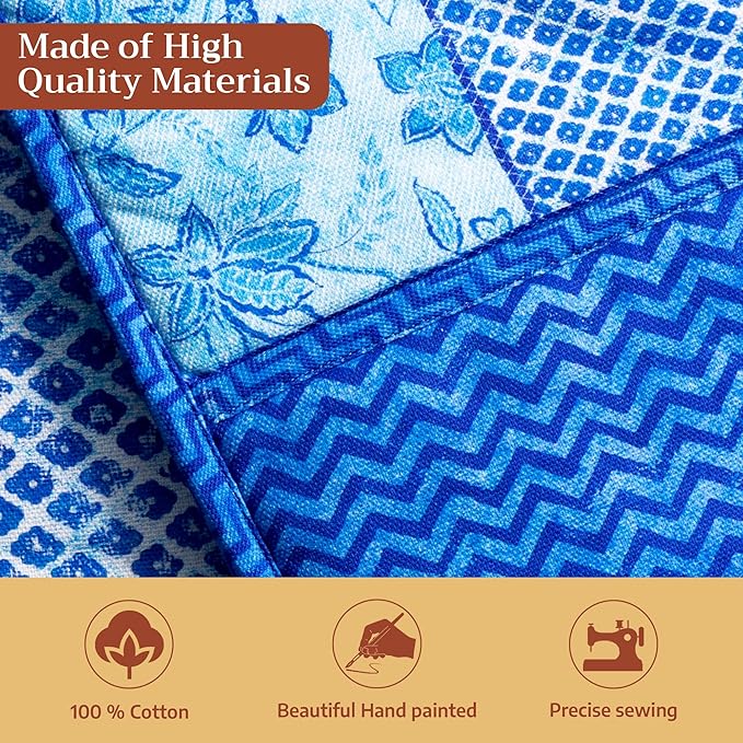Maison d' Hermine Double Oven Mitts 100% Cotton 7"x35" Double Oven Mitt Heat Resistant BBQ Cooking Gloves with Loop Baking Grilling Gifts for Mothers Day Spring Summer (Indigo Love)