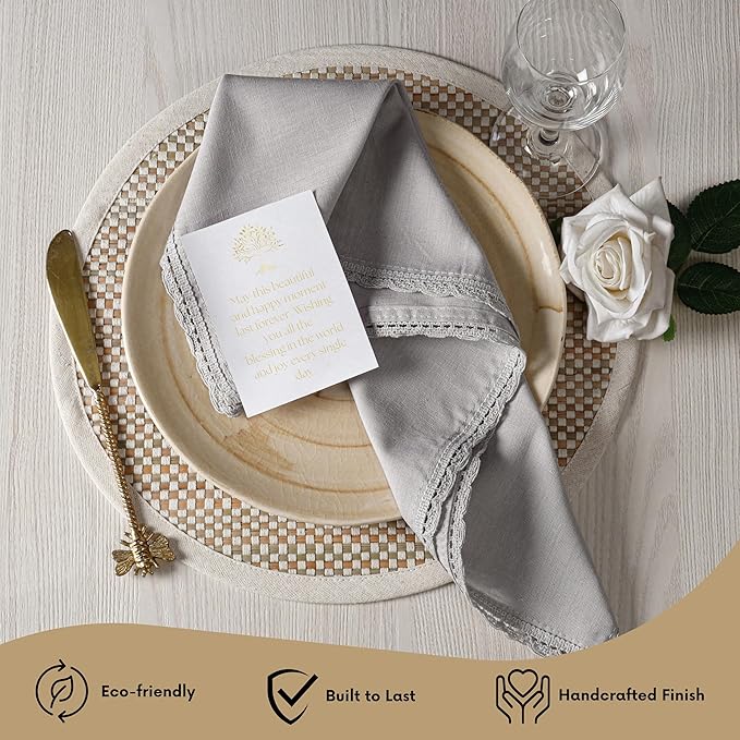 Ramanta Home Linen Flax Cloth Napkins Set of 24 Grey, 18x18 Inch | Easter Premium Cotton Linen Flax Lace Soft & Durable | Washable Ideal for Spring Basket Décor, Wedding, Party, Kitchen, Everyday Use