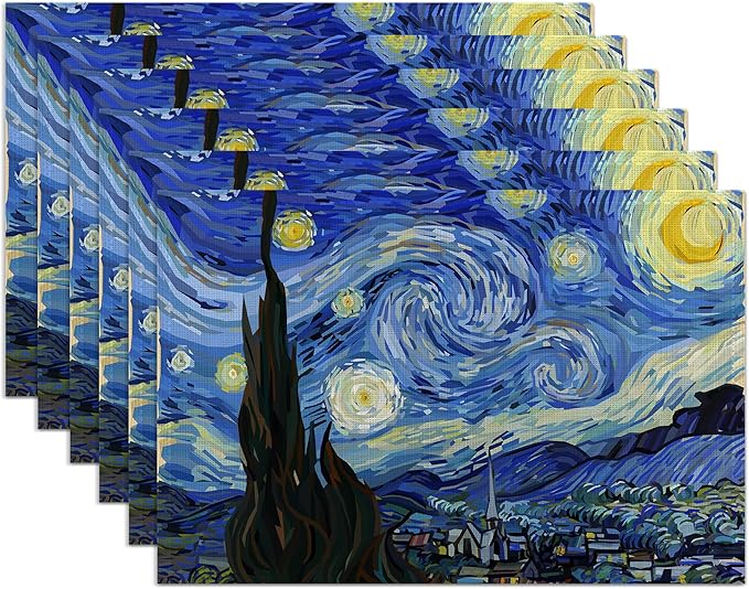 Starry Night Placemats Set of 6,Washable Heat Resistant 12×18 Inch Linen Table Mats,Place Mats for Party Outdoor Dining Décor