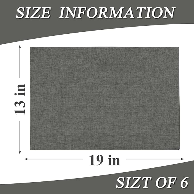 Linen Cloth Double Layers Placemats, Cotton Woven Placemats Set of 6, Kitchen Table Farmhouse Decor Heat Resistant Table Mats, Outdoor Indoor Square Fabric Place Mats Can be Washable (Dark Gray)