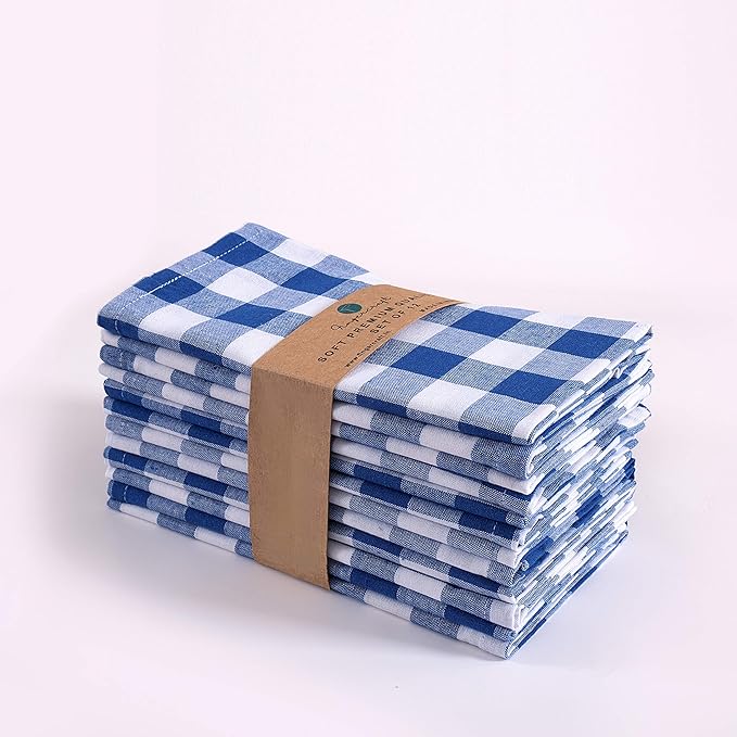 FINGERCRAFT Cloth Napkins, Everyday Use, Premium Quality, Cotton Buffalo Plaid, Set of 12, 20X20 Inch Oversized Napkins Cloth Mitered Corners, Soft, Durable Hotel Quality Blue White Checkered