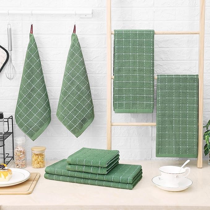 Homaxy Kitchen Towels and Dishcloths Set, 12 x 12 and 13 x 28 Inches, Set of 8 Bulk Cotton Terry Kitchen Towels Set, Checkered Designed, Soft and Super Absorbent Dish Towels, Grass Green