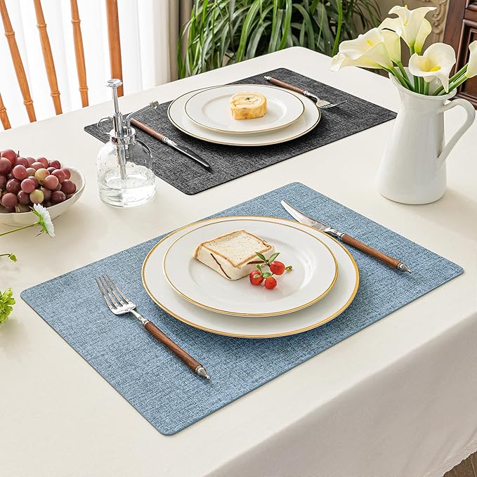 Romanstile Vinyl Placemats Set of 8-12x17 Inch, Reversible Waterproof Washable Non Slip Table Mats, Faux Leather Heat Resistant Wipeable Table Placemats for Dining/Party/Indoor/Outdoor, Grey-Sky Blue