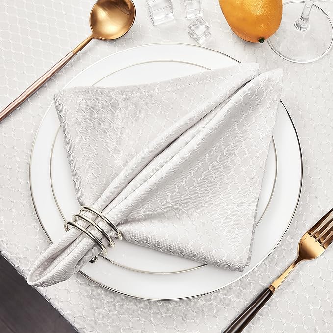 Cloth Napkins Set of 8 – Square 17x17 Inch Jacquard Fabric Polyester Washable Reusable Cloth Napkins for Kitchen Dinner Dining Restaurants Wedding Party Banquet Table (Ivory)