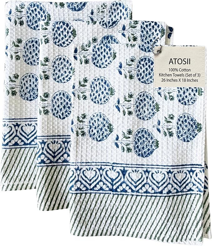 ATOSII 100% Cotton Hand Block Print Waffle Kitchen Towel, Set of 3, 18 x 26 Inches Ultra Absorbent Quick Dry Dish Towels, Lightweight Reusable Sustainable Tea Towels for Cleaning and Drying, Roma Blue