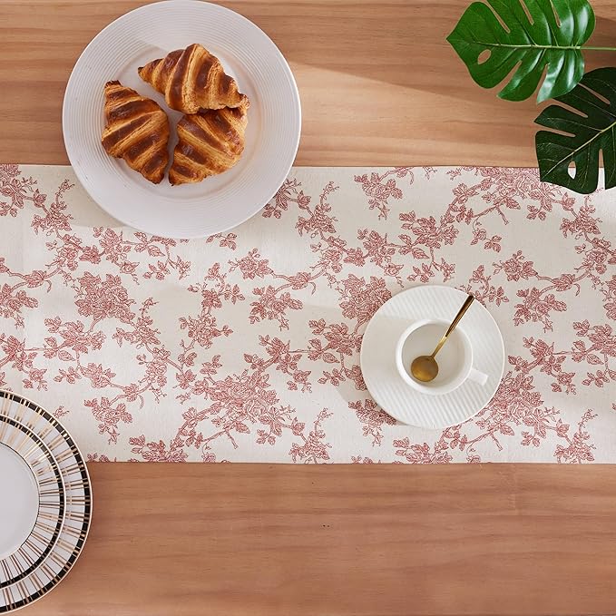 100% Cotton French Pastoral Table Runners, 13x36 Inch red Farmhouse Table Runners 36 Inches Long, Vintage Flowers Print Home Decors