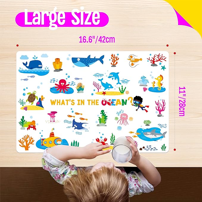 6 Pack Placemats for Kids, Non-Slip Washable, Reusable Placemat - Dinosaur, Farm/Wild/Marine Animals, Construction Site, Universe, Educational Placemats for Home, Kindergarten, Classroom, Nursery