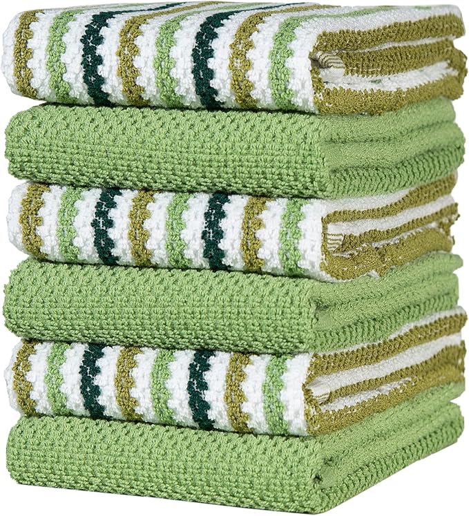 Premium Kitchen Towels (16”x 26”, 6 Pack) | Large Cotton Kitchen Hand Towels | Popcorn Striped Design | Dish Towels | 430 GSM Highly Absorbent Tea Towels Set with Hanging Loop | Sage