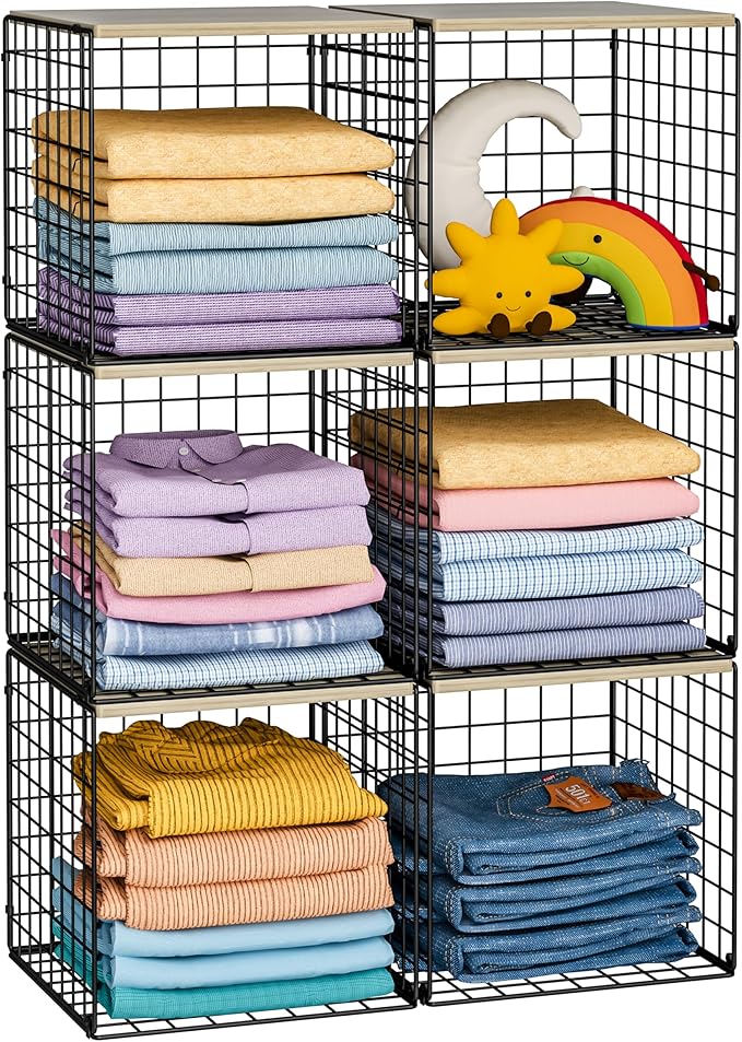 Hencawima 6 Pack Stackable Closet Organizers and Storage Basket, Closet Shelves with Wood Top, Clothes Storage Bin/Cube Organizer for Wardrobe, Space-Saving, Closet Organization, Black, Sturdy, Metal