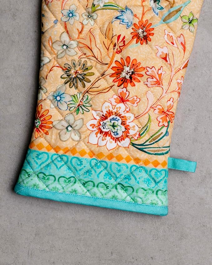 Maison d' Hermine 100% Cotton Oven Mitt & Pot Holder Set (7.5"x13" & 8"x8") Heat Resistant BBQ Cooking Gloves with Loop Grilling Kitchen Gifts for Mothers Day Spring/Summer (Luxury Loft - Peach)