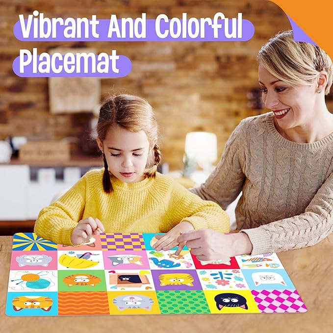6 Pack Placemats for Kids, Non-Slip Washable Dining Mats, Reusable Cat-Themed Table Mats for Home, Kindergarten, Classroom, Nursery