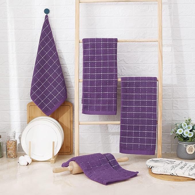 Homaxy 100% Cotton Terry Kitchen Towels(Purple, 13 x 28 inches), Checkered Designed, Soft and Super Absorbent Dish Towels, 5 Pack