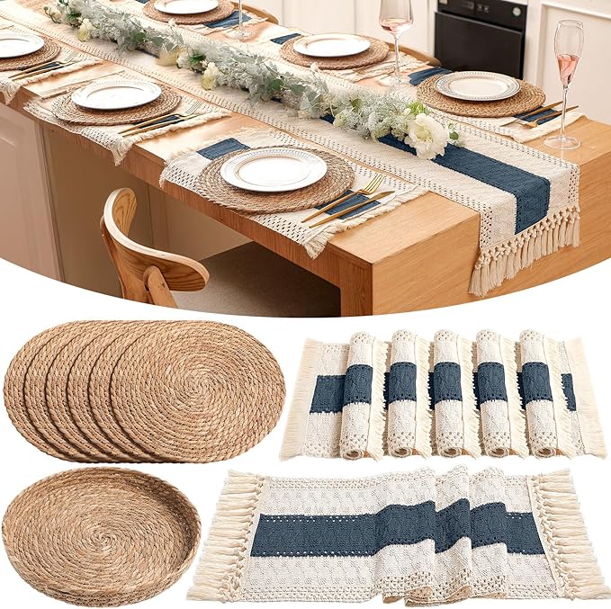 Boho Placemats 4/6/8 Set of Round Woven Placemat Macrame Style Bicolor Stitching Long Table Runner Farmhouse Rustic Natural Burlap Cotton for Kitchen Dining Table(6 Sets,Blue,12x72)