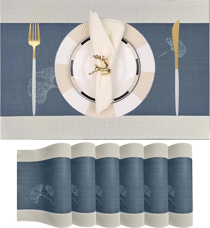 PIGCHCY Rustic Placemats Set of 6, Easy to Clean Placemats Washable Non-Slip Luxurious Durable Table Mats for Home/Dining Room Decoration (Blue,18 X 12 inches)