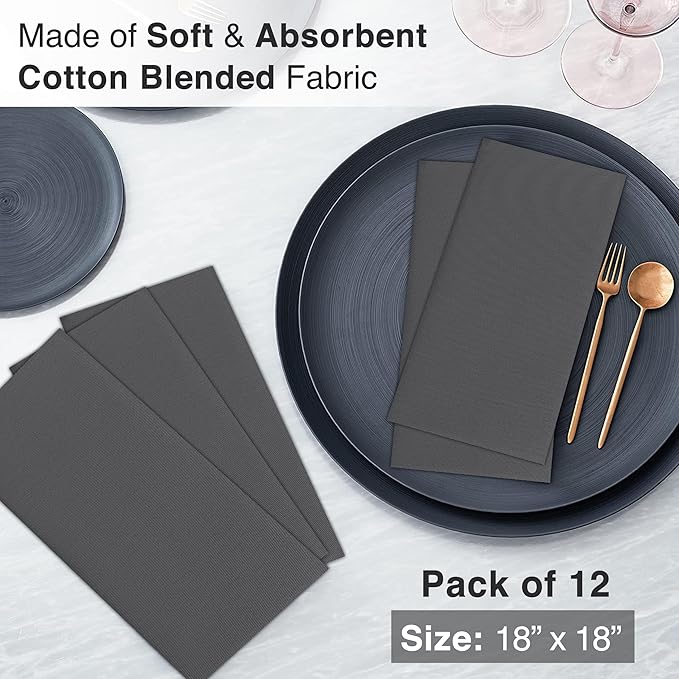 Ruvanti Cloth Napkins Set of 12, 18x18 Inches Napkins Cloth Washable, Soft, Durable, Absorbent, Cotton Blend. Table Dinner Napkins Cloth for Hotel, Lunch, Restaurant, Weddings, Parties - Dark Grey