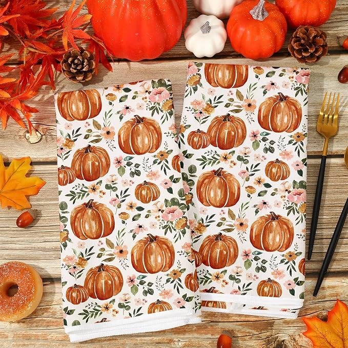 JarThenaAMCS Fall Kitchen Dish Towel 18 x 28 Inch Floral Pumpkin Dishcloth Rustic Autumn Farmhouse Hand Drying Tea Towel for Thanksgiving Cooking Baking, Set of 2