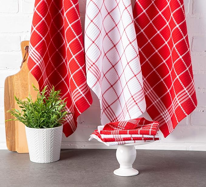 DII Waffle Weave Kitchen Collection 100% Cotton, Machine Washable, Fast Drying and Absorbent, Dishtowel Set, Red 6 Piece