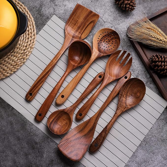 Wooden Non-Stick Kitchen Pan Toolset 7 Pieces Set, Natural Kitchen Utensils Spatula, Wooden Cooking Utensils Spoons, Fried Spatula and Salad Fork