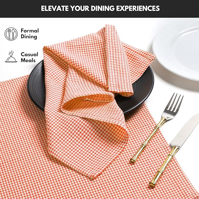 Cloth Napkins 18”X18” 100% Cotton Decorative Washable Table Houndstooth Check Napkin for Kitchen, Party, Wedding, Restaurant & Camping - Orange (Set of 4)