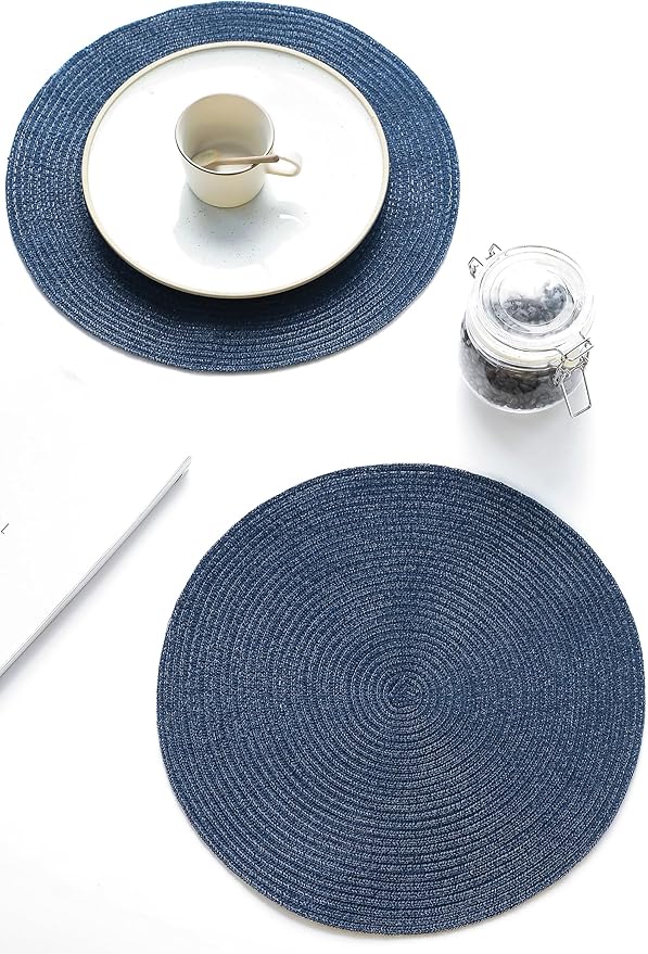 Floroom 15 Inch Round Braided Placemats Set of 6, Washable Heat Resistant Cotton Polyester Circle Place Mats for Kitchen Dining Table - Navy Blue