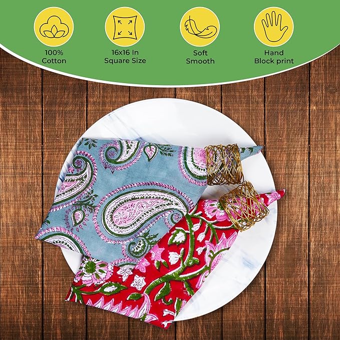 DIYANAIMPEX 10 Pc Cotton Cloth Napkins Hand Block Print Hand Made Size 16x16 Inch Printed Home Decor Indian Eco Friendly Mix Lot Dinner Napkins (Multicolour)