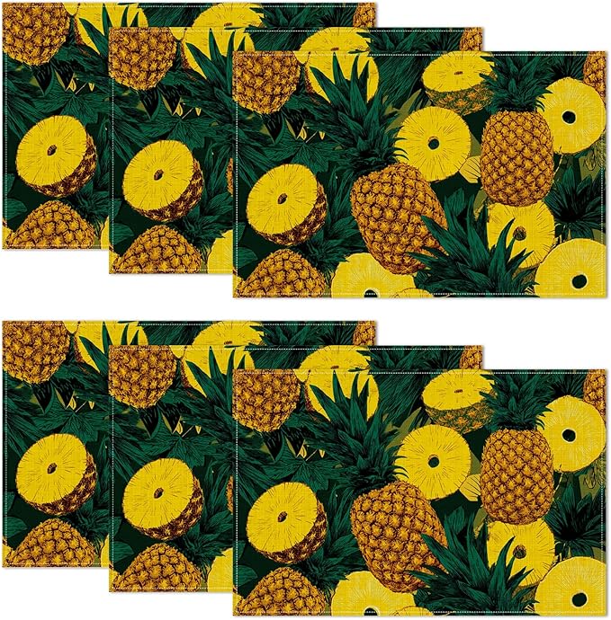 Pineapple Hawaiian Tropical Placemats Set of 6,12 x 18 Inch Table Mats Washable Heat Resistant Linen Fabric Rectangle Place Mat for Party Home Kitchen Dining