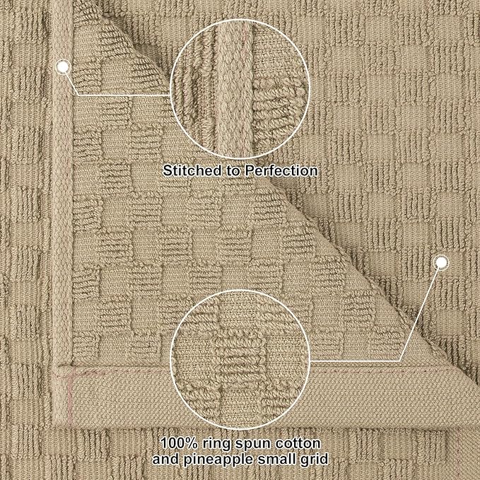 Homaxy 100% Cotton Terry Kitchen Towels(15" x 25", 12 Pack), Soft and Super Absorbent Dish Towels, 380 GSM Reusable Tea Towel with Hanging Loop, Pineapple Grid Designed, Tan