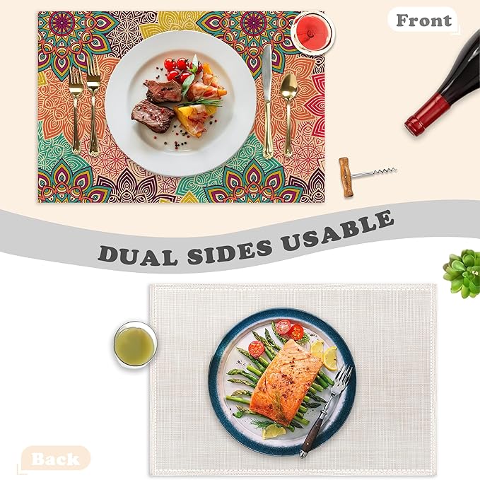 Boho Mandela Linen Placemats Set of 6,12x18 Inch Vintage Ethnic Floral Washable Table Mats Heat Resistant Place Mats for Home Party Kitchen Dining Decoration