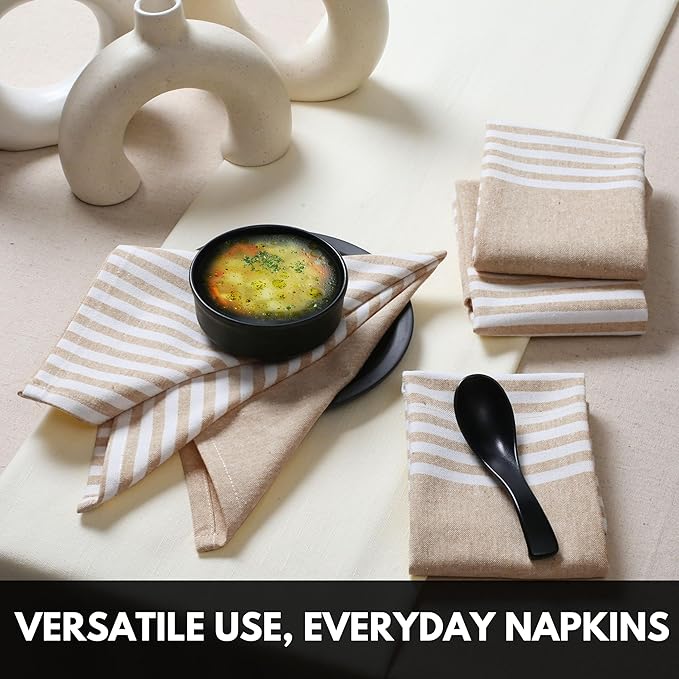 Cloth Napkins 18x18 Inches - Striped Design, 100% Cotton, Reusable & Durable Fabric Napkins for Dining, Everyday Meals, Events, Parties - Machine Washable, Set of 4, Beige