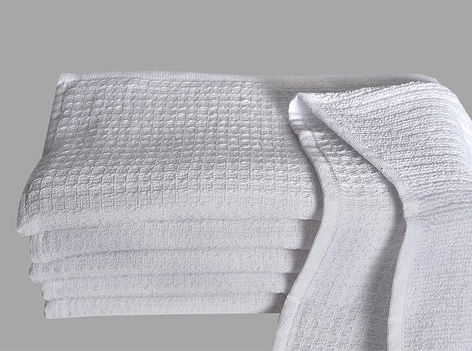 Dish Towels|Kitchen Dish Cloths Two-Sided Waffle Terry|13x28 Inches 100% Cotton Dish Rags Washing Dishes|Super Absorbent Reusable Quick Drying Dish Towels| 6-Pc Set White