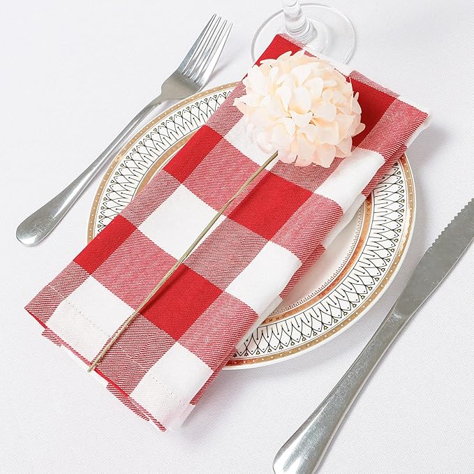 DUOBAO Buffalo Plaid Cloth Napkins, Set of 4, 20x20 Inches, Red & White, Soft & Durable, Perfect for Christmas, Dinner Parties, Weddings, Home, Farmhouse, Restaurant, Hotel