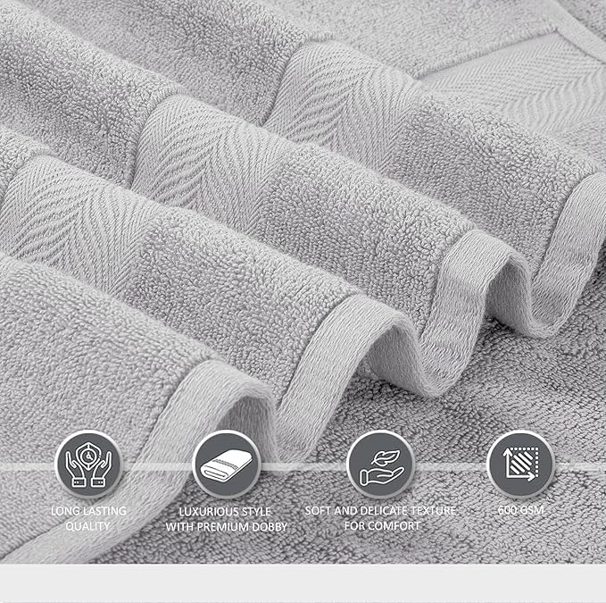 Oakias Premium Towel Set 600 GSM 8 Piece Silver - 100% Ring Spun Cotton Highly Absorbent Towels Set - Super Soft Bathroom Towel Set - Hotel Quality Double Stitched Hem - Ideal for Hotels, Spa, Gym
