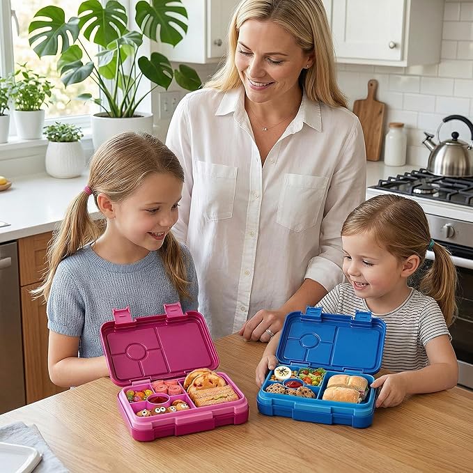 Bento Lunch Box for Kids, 6 Compartments BPA Free, Dishwasher Safe Back to School Snack Bento Lunch Containers Boxes, Ideal Portion Sizes for On-the-Go Meal, Ages 3+, School, Rose Red