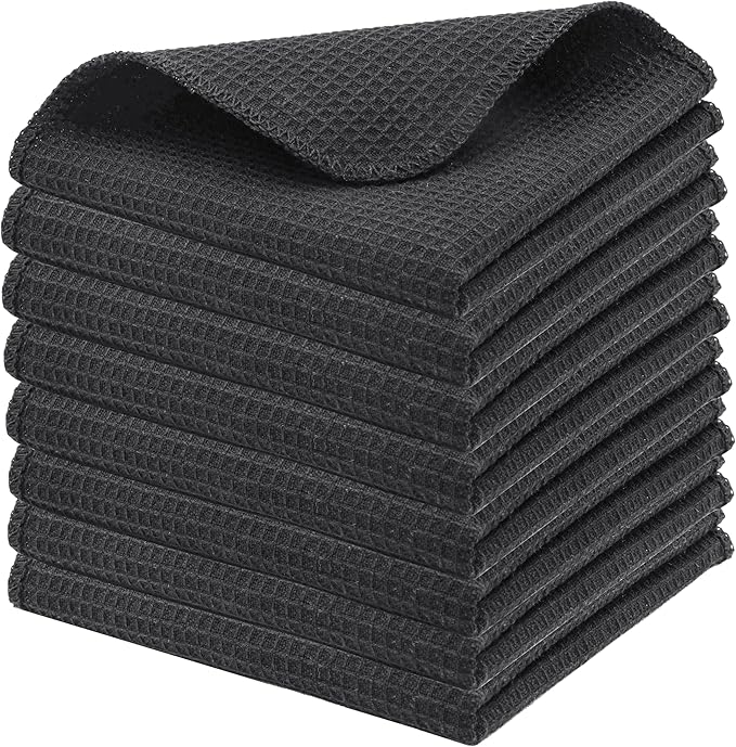 PurpleEssences Dish Cloths and Dish Rags - 8 Pack Waffle Weave Solid Kitchen Dish Wash Cloths, 100% Cotton, 12x12 Inches, Ultra Soft Absorbent Quick Drying - Spring Easter Summer - Dark Grey