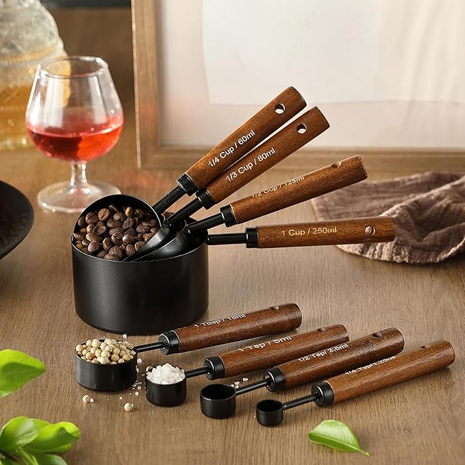 8PCS Measuring Cups and Spoons Set, DV Stainless Steel Measuring Cups with Ergonomic Wooden Handle for Cooking & Baking