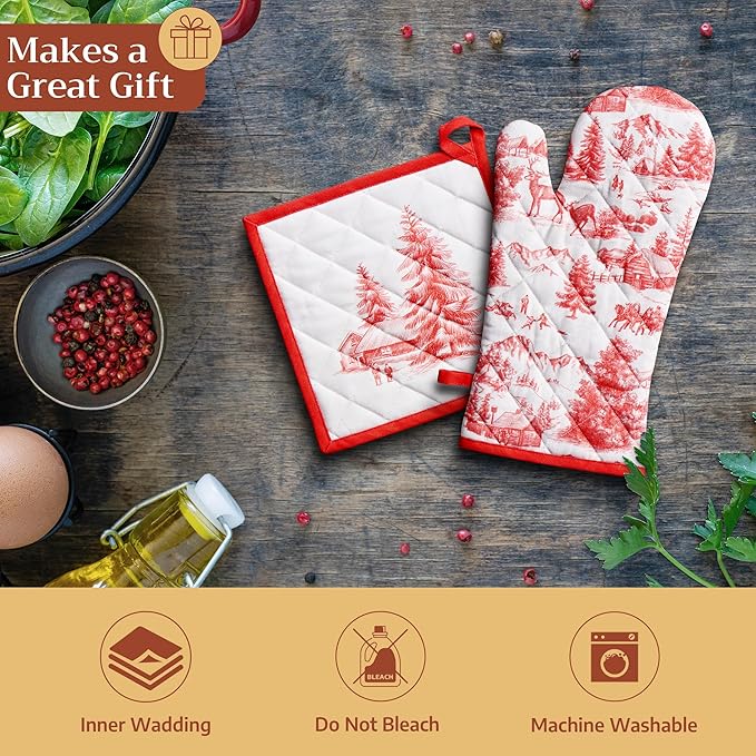 Maison d' Hermine Pot Holders Set 100% Cotton Heat Resistant Potholders 8" x 8" Hot Pads with Loop for Thanksgiving Christmas Decorations BBQ Cooking Baking Handling Hot Pans (Pack of 2, Winter Jouy)