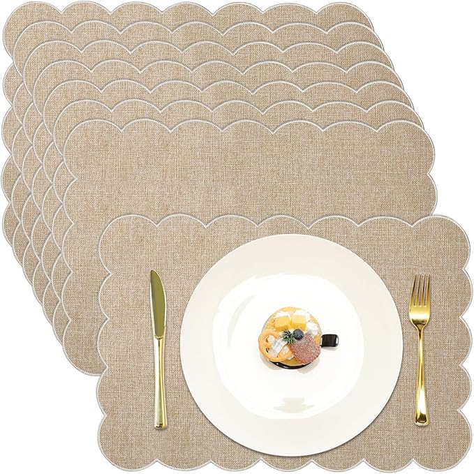 LemonRoad 8 Pcs Boho Linen Placemats Set 13" x 19" Elegant Scalloped Double Layered Placemats Farmhouse Washable Rustic Dining Table Decorations for Kitchen Wedding Banquet (Brown,Beige)