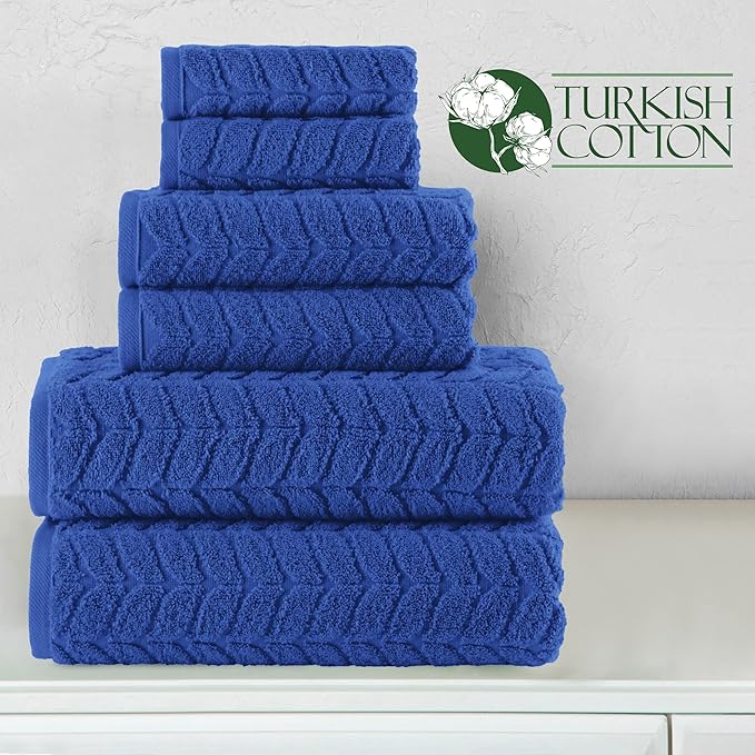 Elegant Comfort Luxury 6-Piece 100% Turkish Cotton Jacquard Braided Textured Premium Hotel Quality Towel Set– Soft and Absorbent, Includes 2 Bath Towels, 2 Hand Towels and 2 Washcloths, Royal Blue