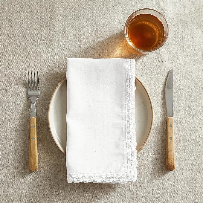 Flax Lace Cloth Dinner Napkins Set of 12 White - 20x20 Inches, Decorative Premium Cotton Linen Dinning Table Napkin Ideal for Wedding, Spring, Easter | Soft Durable Neutral Napkins for Cocktail Party
