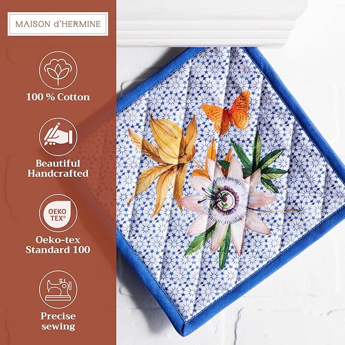 Maison d' Hermine Pot Holders 100% Cotton Heat Resistant Potholders 8" x 8" Hot Pads with Loop BBQ Cooking Baking Gifts for Mothers Day Handling Hot Pans Spring/Summer (Pack of 2, Passiflora)