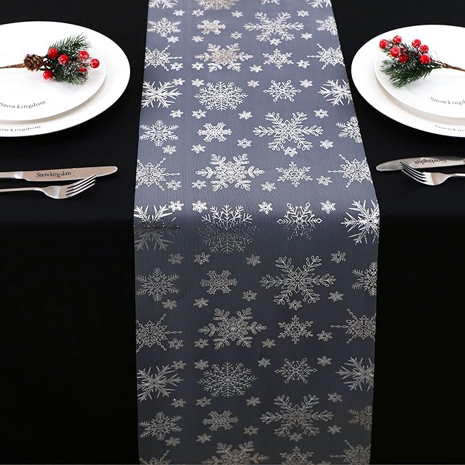 Snowkingdom 2 Pcs Christmas Snowflake Silver Table Runner, 108 Inch Sparkly Silver Glitter Metallic Foil Runners Decorations for Seasonal Winter Festival Holiday Home Party