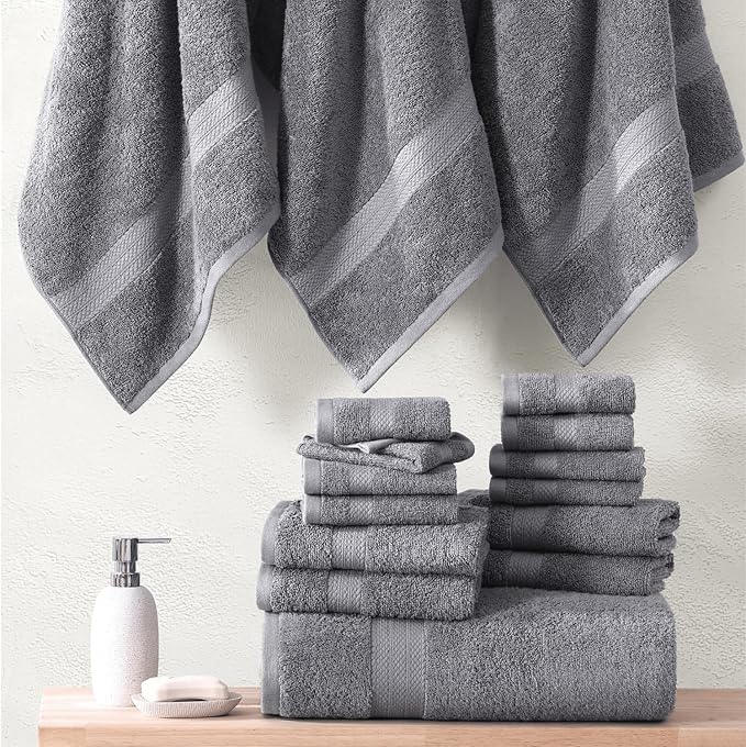 LANE LINEN 100% Cotton Turkish Towel Set for Bathroom - 6 Piece - Super Soft, Quick Dry & Highly Absorbent - 2 Bath, 2 Wash cloths, 2 Hand Towels - Hotel Quality, Durable & OEKO-TEX Certified - Grey
