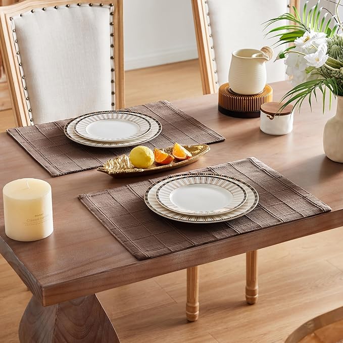 ZeeMart Linen Checked Placemats Set of 4, Plaid Embroidery Textured Table Mats, Double Layer Thick Farmhouse Rustic Place Mats for Kitchen Dining Table Home Decor, Cocoa Brown 13x19 Inch