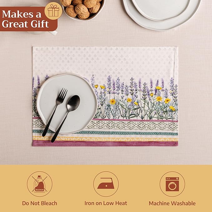 Maison d' Hermine Placemats Set of 4 100% Cotton Washable Cloth Place Mats Reusable Table Mats for Kitchen Dining Party Wedding Gifts for Mothers Day Spring/Summer (Fanny Lavender, 13" x 19")