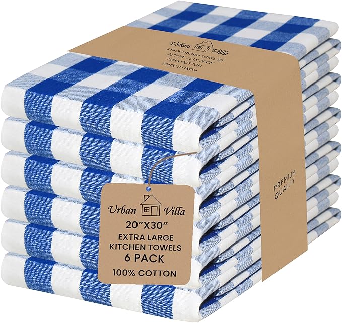Urban Villa Kitchen Towels 100% Cotton Dish Towels for Kitchen (Set of 6) 20”x30” Dish Cloths Highly Absorbent Kitchen Linen Set with Hanging Loop Perfect for Drying Dishes Cleaning – Blue/White