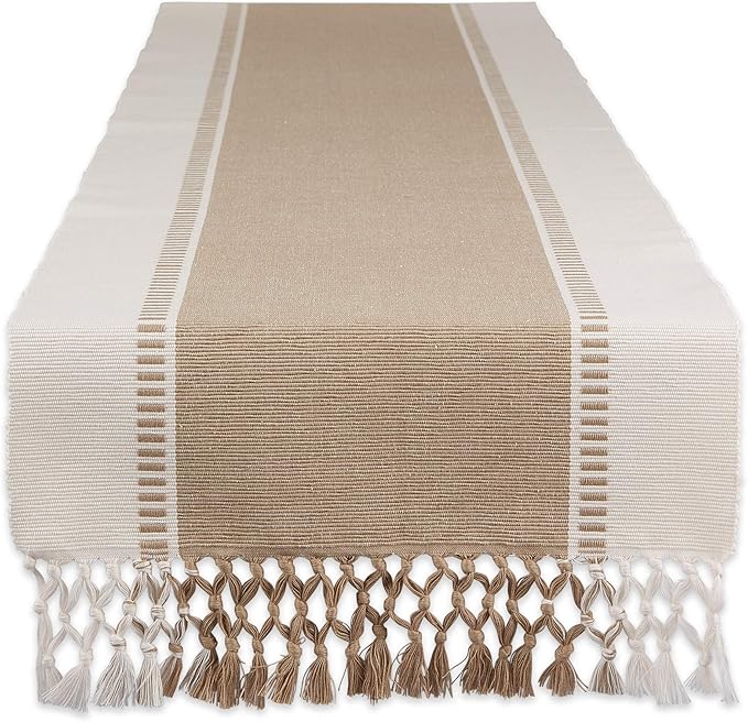 DII Dobby Stripe Woven Table Runner, 13x72 (13x77.5, Fringe Included), Stone