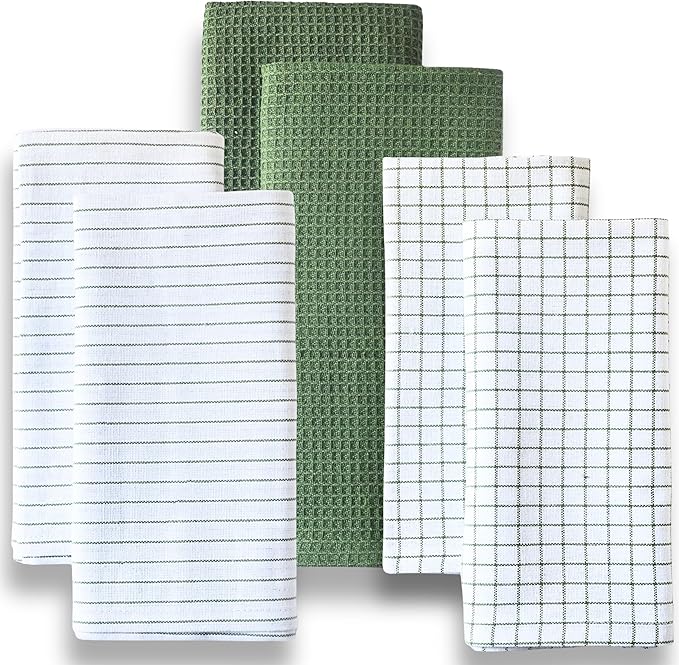 Highly Absorbent Cotton Kitchen Towels for Drying Dishes - Set of 6 Dish Towels - Narrow Sage Green Stripes Plaid Waffle Dishtowels - 18"X28" Large Lint Free Linen Tea Hand Bulk T Towls