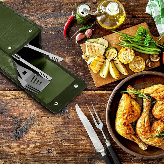 Amylove Grill Utensil Storage Bag BBQ Tool Storage Bags Barbecue Hardware Tool BBQ Utensil Holder Pouch Oxford Cloth Accessory Foldable for Camping Hiking(2 Pcs,Army Green)