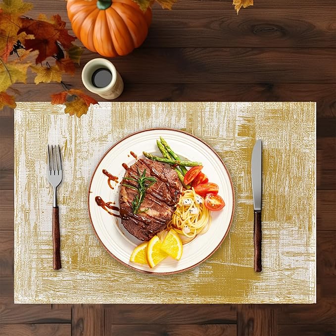 Yellow Beige Placemats Set of 6,Washable Heat Resistant 12×18 Inch Linen Table Mats Modern Place Mats for Party Outdoor Dining Décor