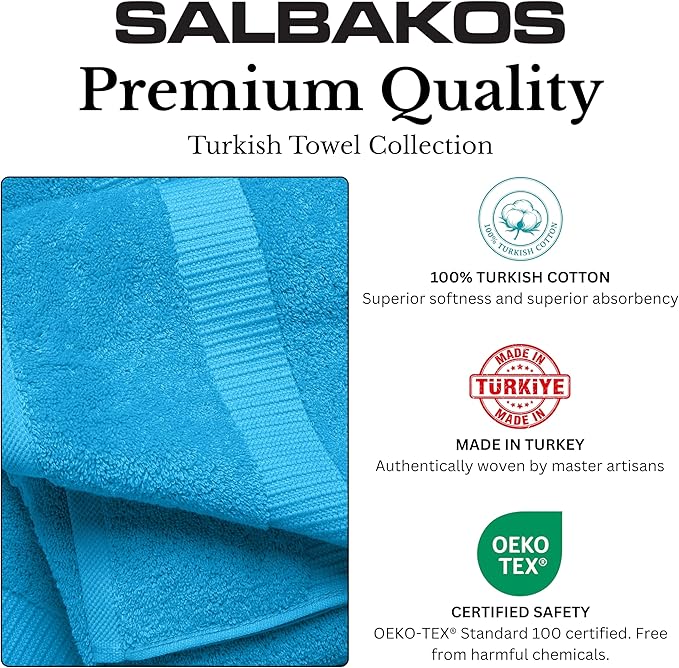 SALBAKOS 100% Turkish Cotton Washcloth Set of 12, 13x13 inch | Premium Quality | Hotel & Spa Collection | Ultra Soft, Super Absorbent, Wash Cloth Towels | Made in Turkey (Aqua, 12 Washcloths)